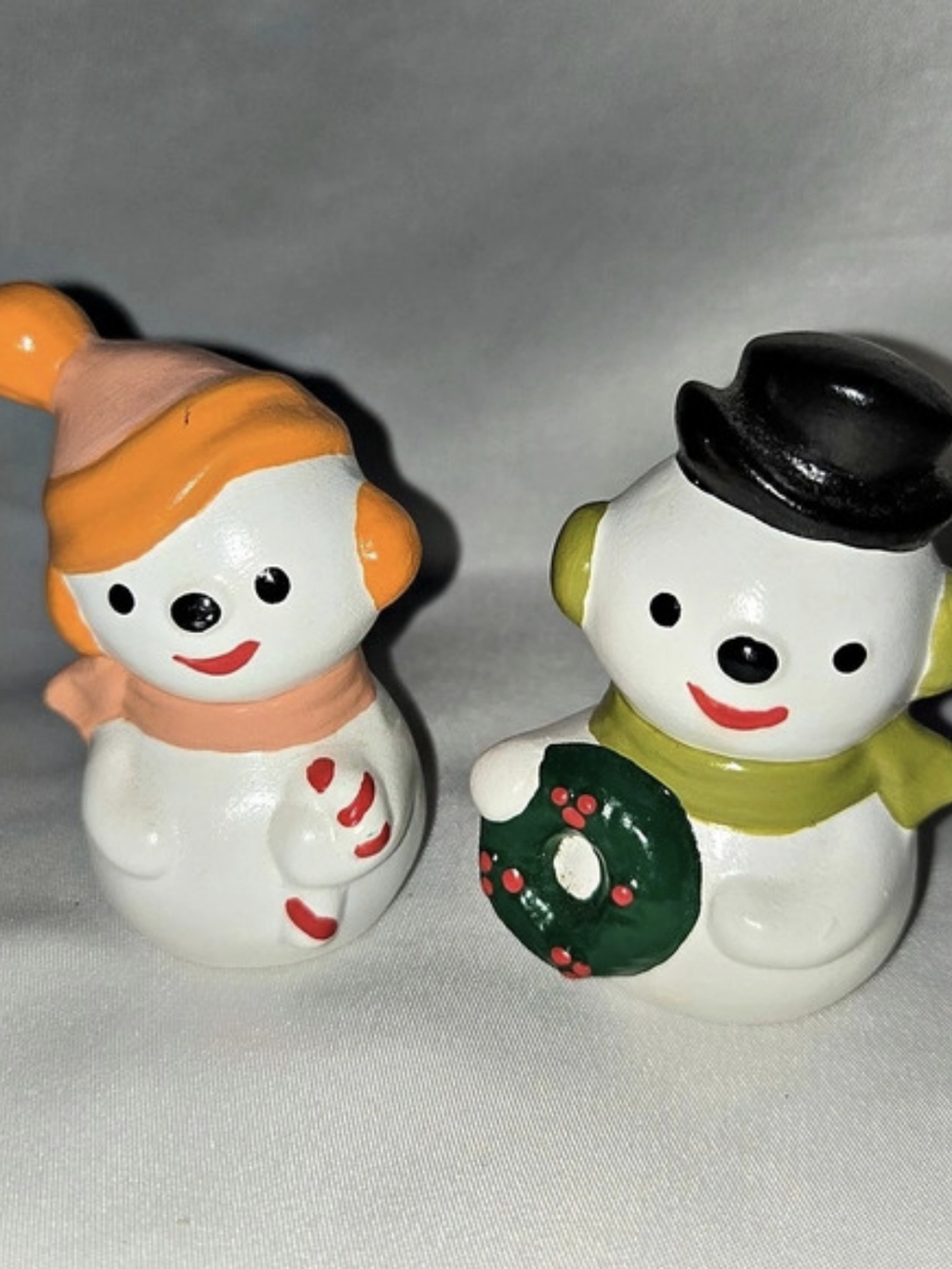 Two (2) Vintage Ceramic Christmas Snowmen Set Snowman Decorations Decor 3"